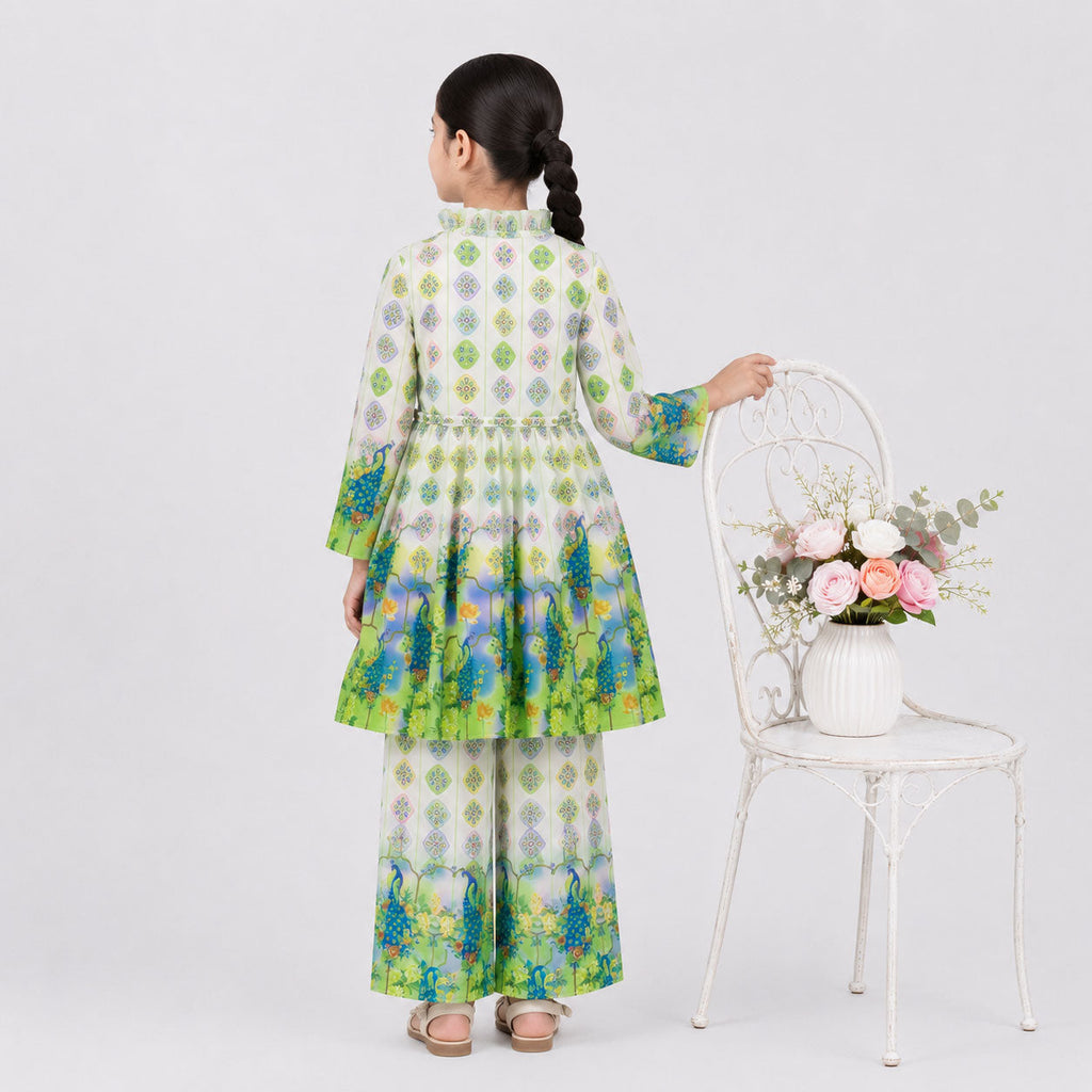 Girls Green Digital Printed Chiffon Frock  2 Piece Suit | Floral Printed Frock & Trouser | 4–10 Years | Lamtar Kids