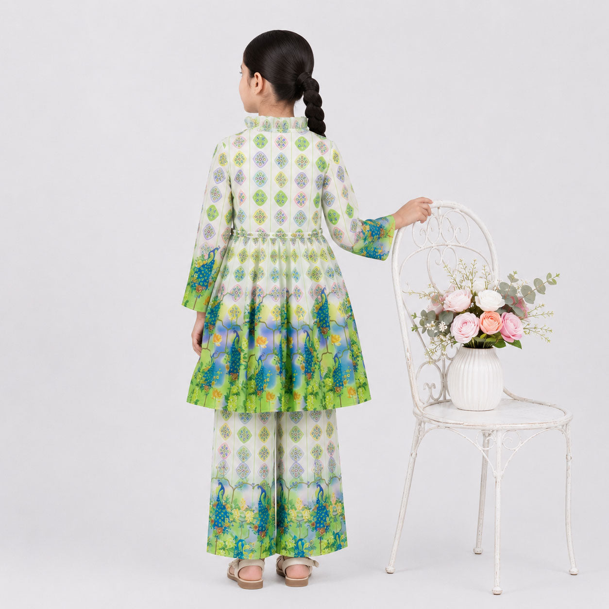 Girls Green Digital Printed Chiffon Frock  2 Piece Suit | Floral Printed Frock & Trouser | 4–10 Years | Lamtar Kids