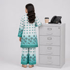 Girls 2 Piece Digital Printed Chiffon Suit – Aqua Green Floral Kids Outfit