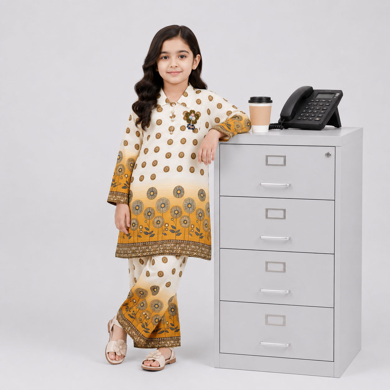 Girls 2 Piece Digital Printed Chiffon Suit – Mustard Floral Print Kids Outfit | Lamtar Kids