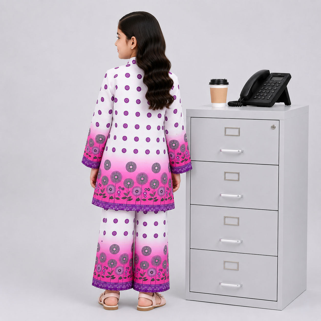 Girls Digital Printed Chiffon Suit – Pink Purple Floral Kids Outfit| Lamtar Kids