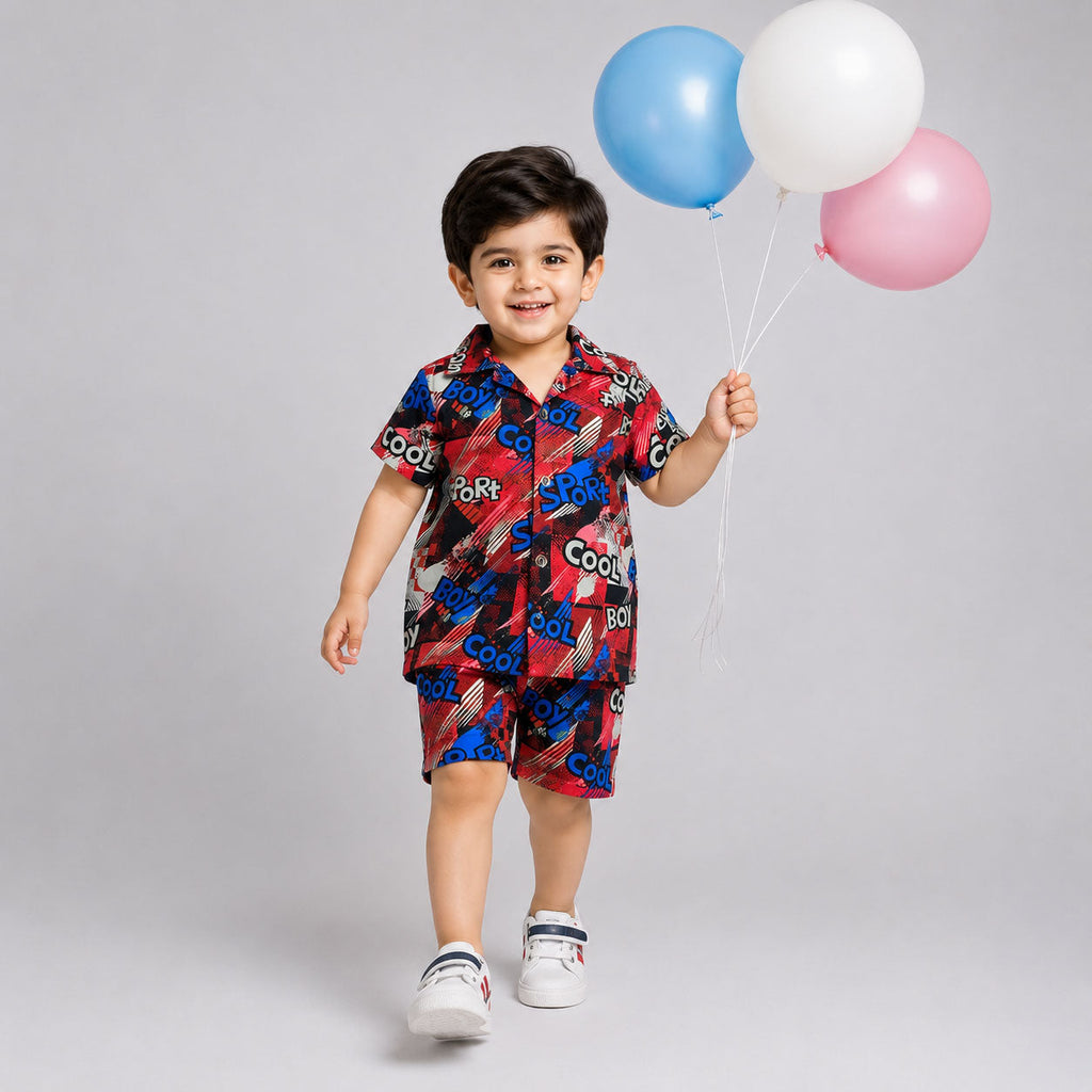 Red Graphic Linen Boys 2 Piece Summer Outfit 1 To 4 Years | Lamtar Kids