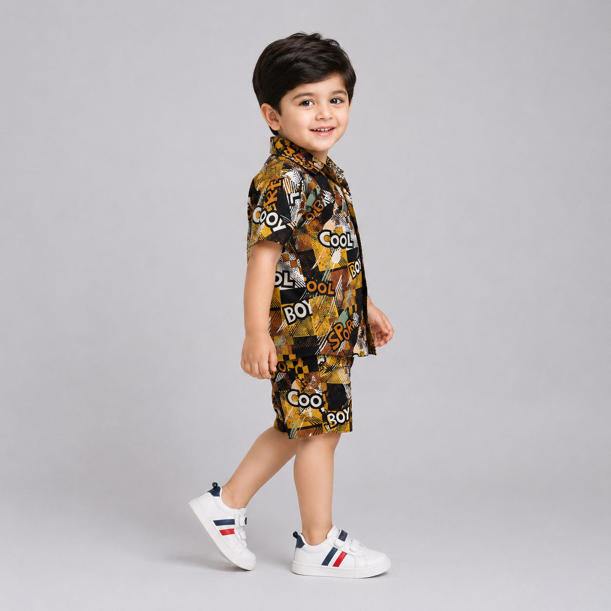 Mustard Printed Linen Summer Shirt & Shorts Set for Boys (1–4 Years)  | Lamtar Kids