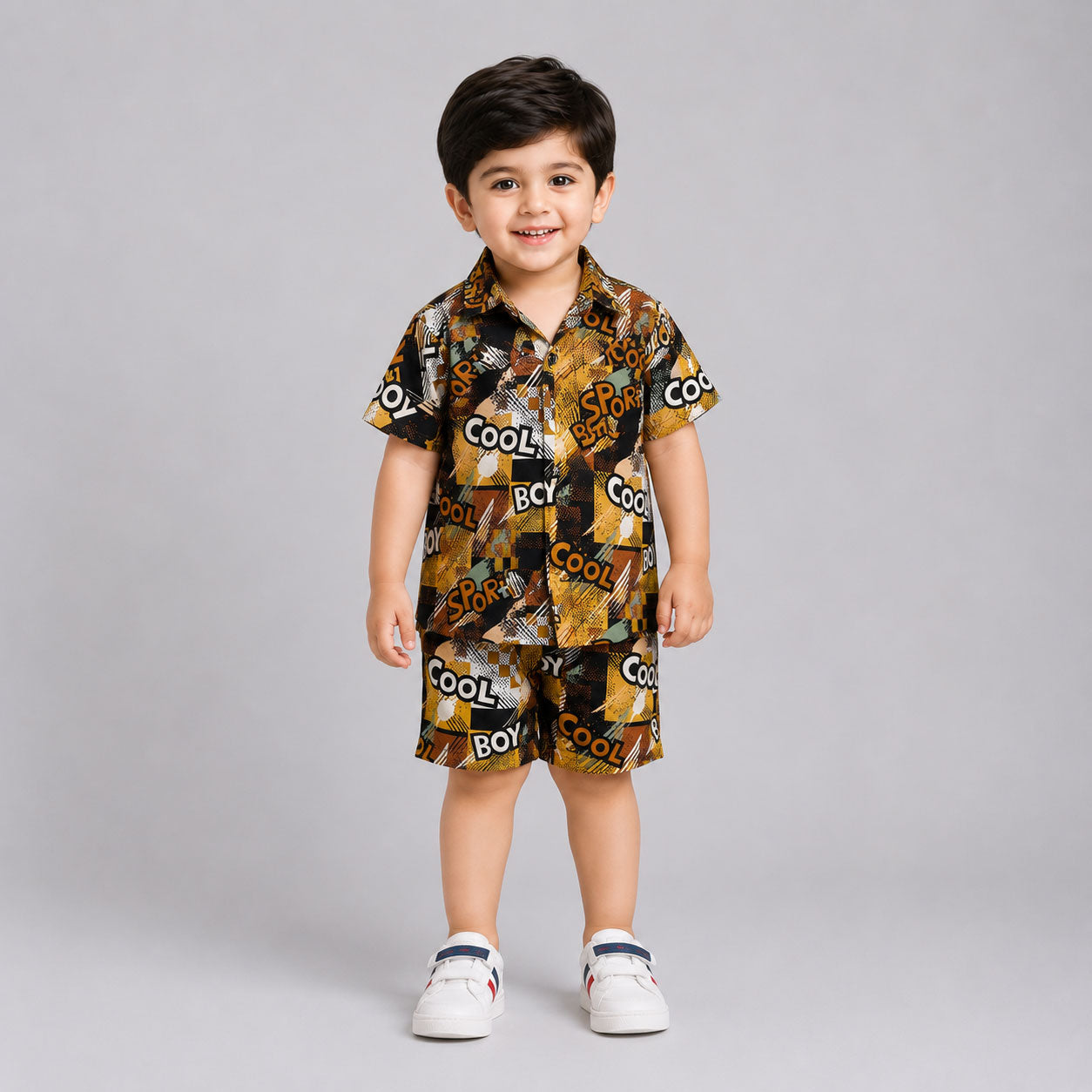 Mustard Printed Linen Summer Shirt & Shorts Set for Boys (1–4 Years)  | Lamtar Kids