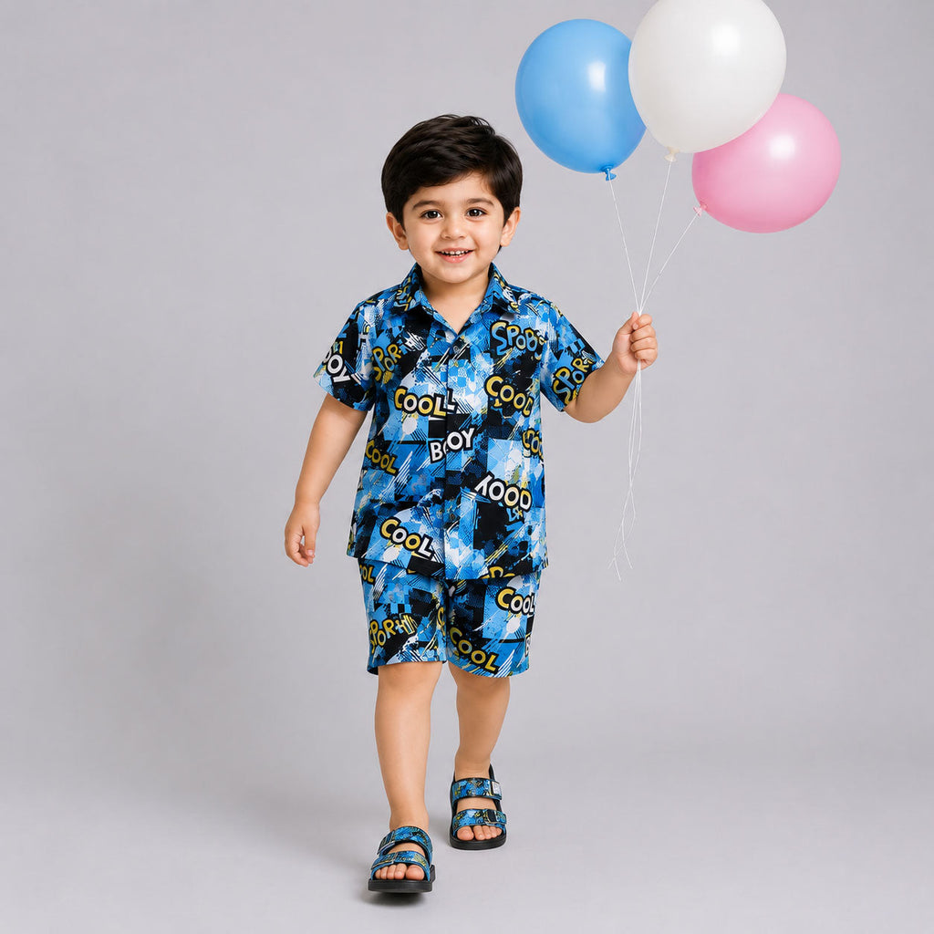Blue Graphic Printed Linen Boys Co-Ord Set 1 To 4 Years | Lamtar Kids