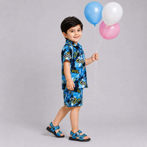 Blue Graphic Printed Linen Boys Co-Ord Set 1 To 4 Years | Lamtar Kids