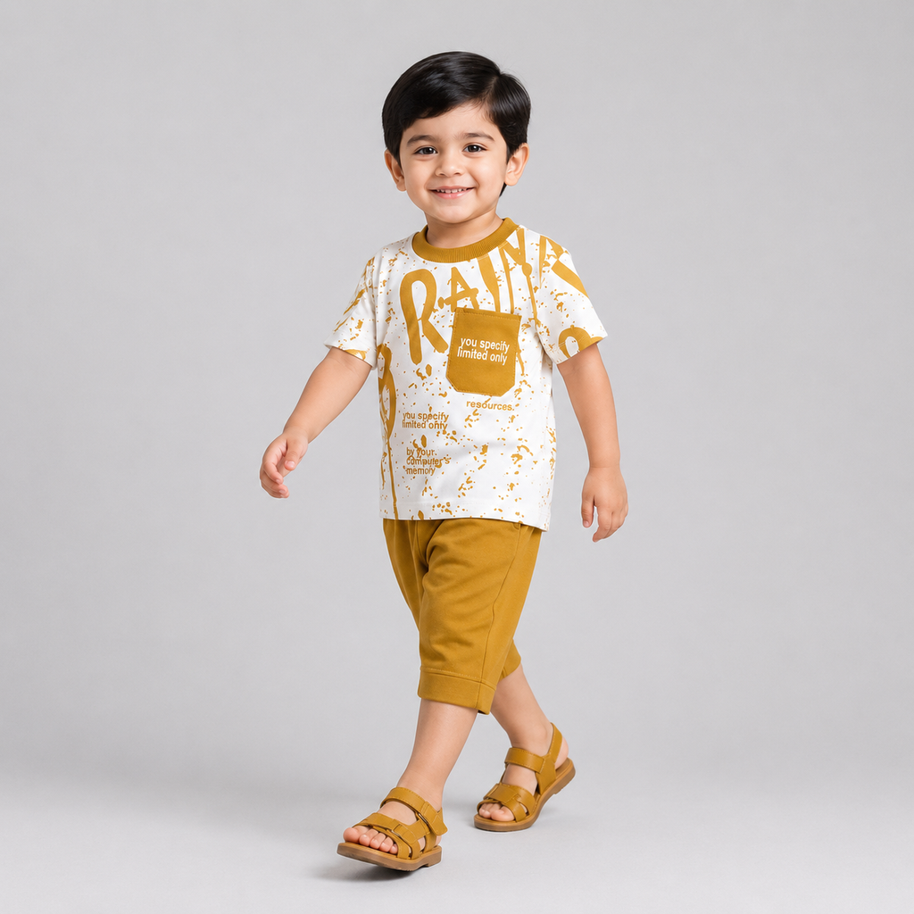 Boys Mustard Jersey 2 Piece Summer Outfit | Soft Printed T-Shirt & Shorts | 1–4 Years | Lamtar Kids