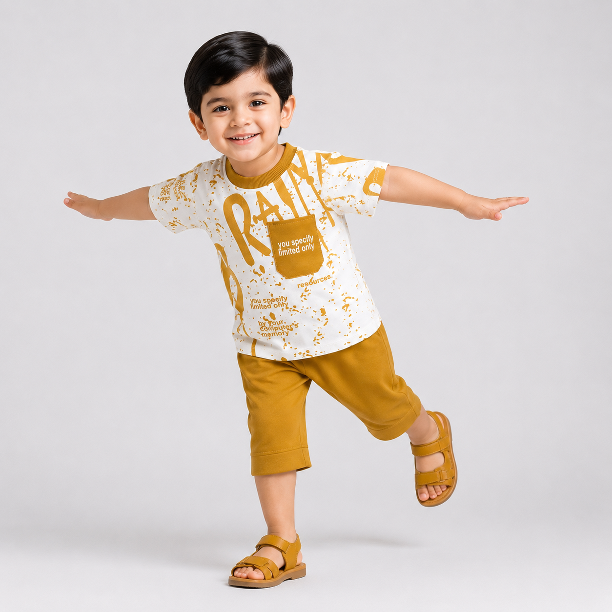 Boys Mustard Jersey 2 Piece Summer Outfit | Soft Printed T-Shirt & Shorts | 1–4 Years | Lamtar Kids