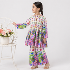 Cream Multi Floral Digital Printed Chiffon Frock Girls Suit 4 To 10 Years | Lamtar Kids
