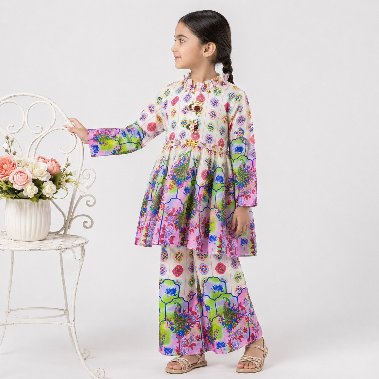 Cream Multi Floral Digital Printed Chiffon Frock Girls Suit 4 To 10 Years | Lamtar Kids