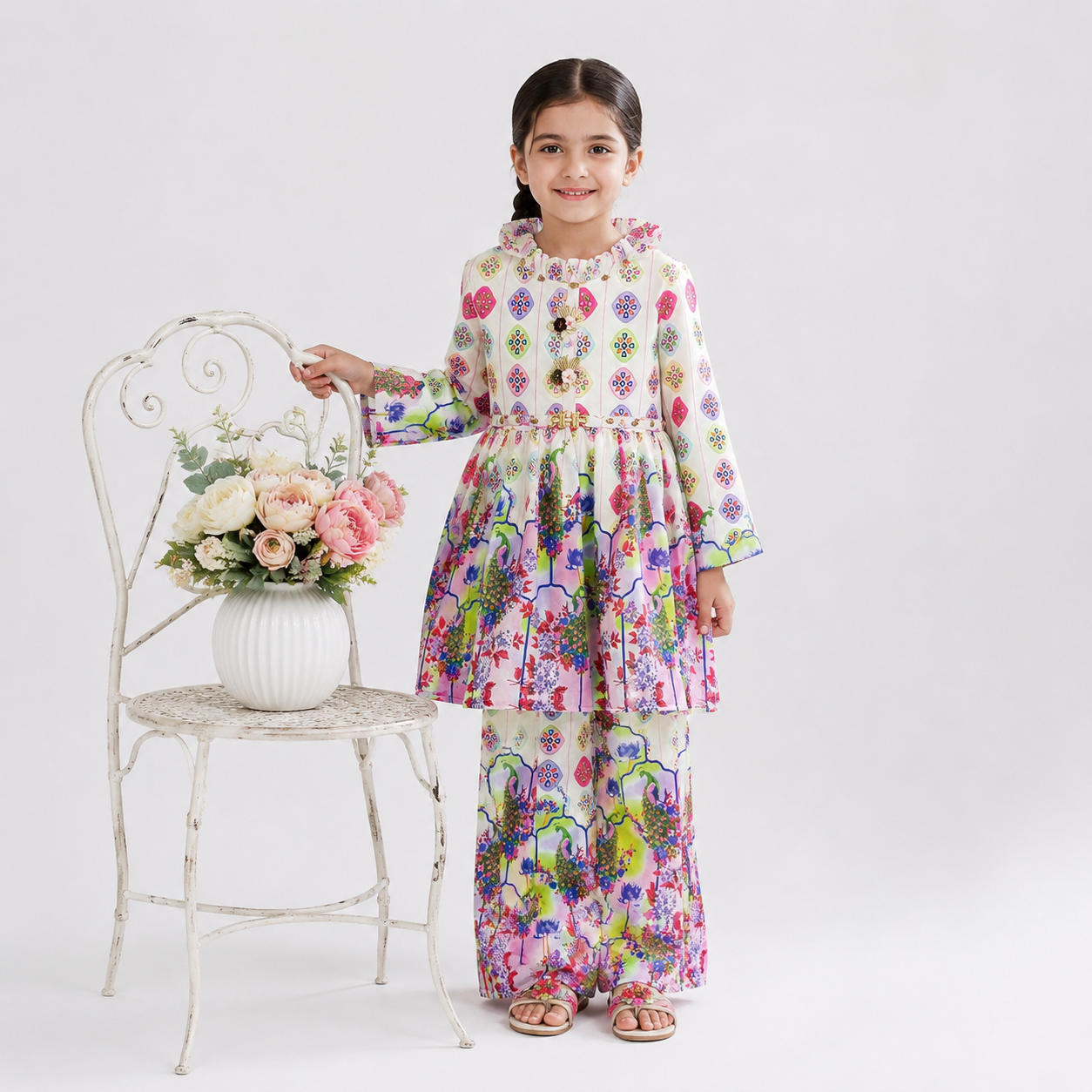 Cream Multi Floral Digital Printed Chiffon Frock Girls Suit 4 To 10 Years | Lamtar Kids