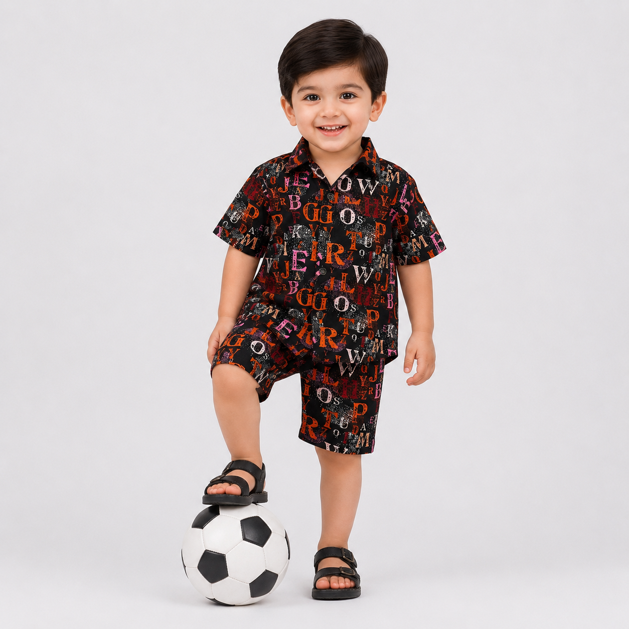 Boys Linen Alphabet Printed Short Suit – Black Red Kids Summer Outfit | Lamtar Kids