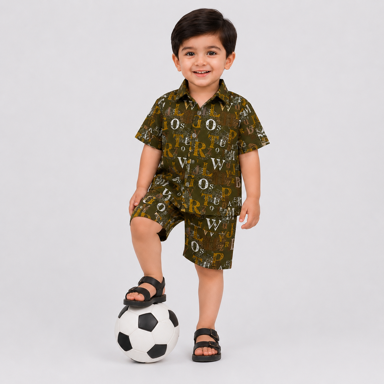 Boys Printed Linen Shirt & Shorts Set – Olive Green Kids Dress | Lamtar Kids