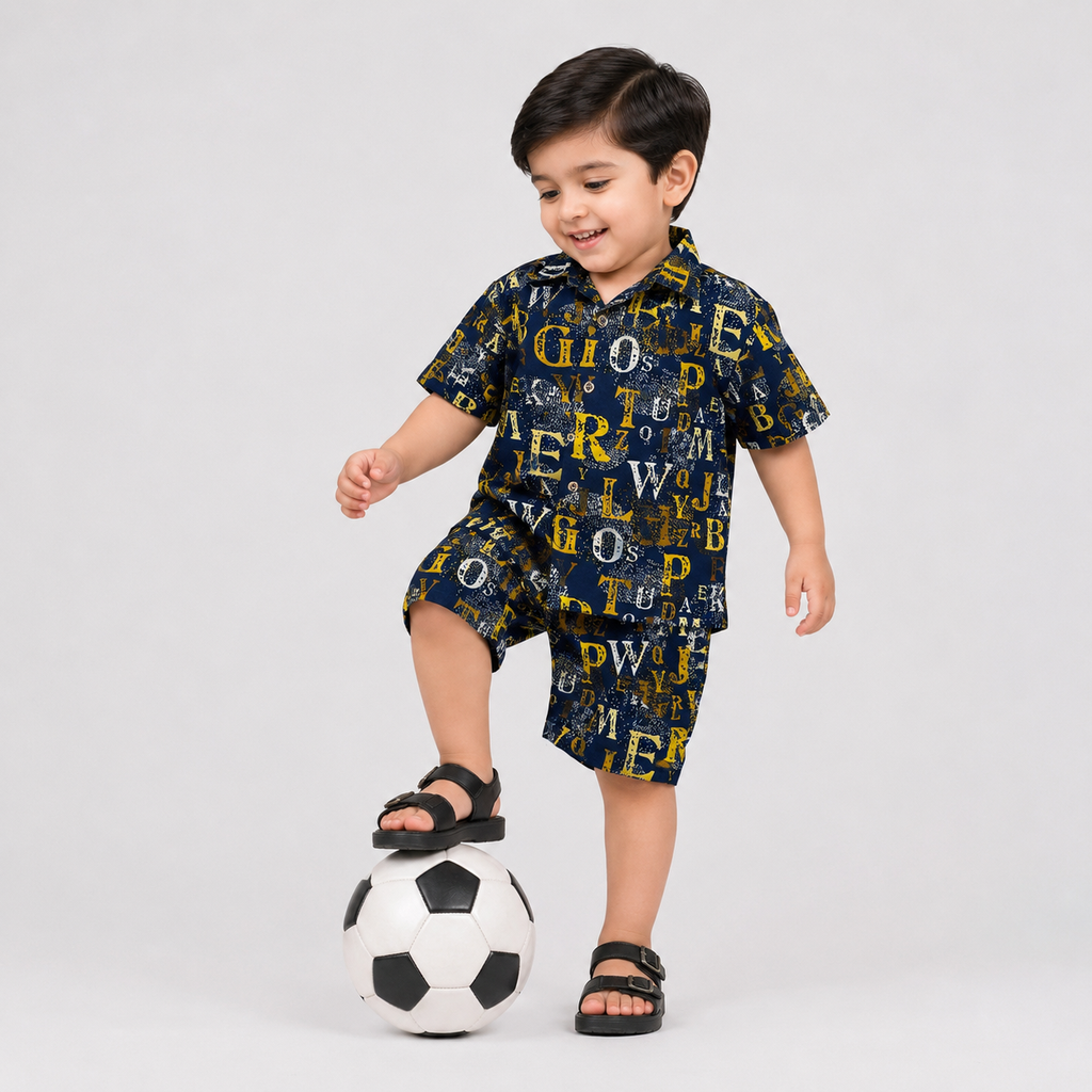 Boys Linen Alphabet Printed Short Suit – Navy Blue Kids Summer Outfit | Lamtar Kids
