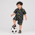 Boys Linen Alphabet Printed Short Suit – Navy Blue Kids Summer Outfit | Lamtar Kids