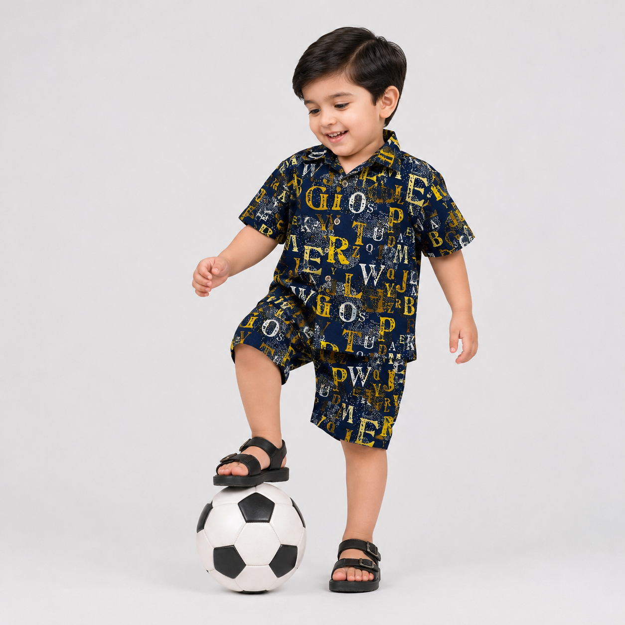 Boys Linen Alphabet Printed Short Suit – Navy Blue Kids Summer Outfit | Lamtar Kids