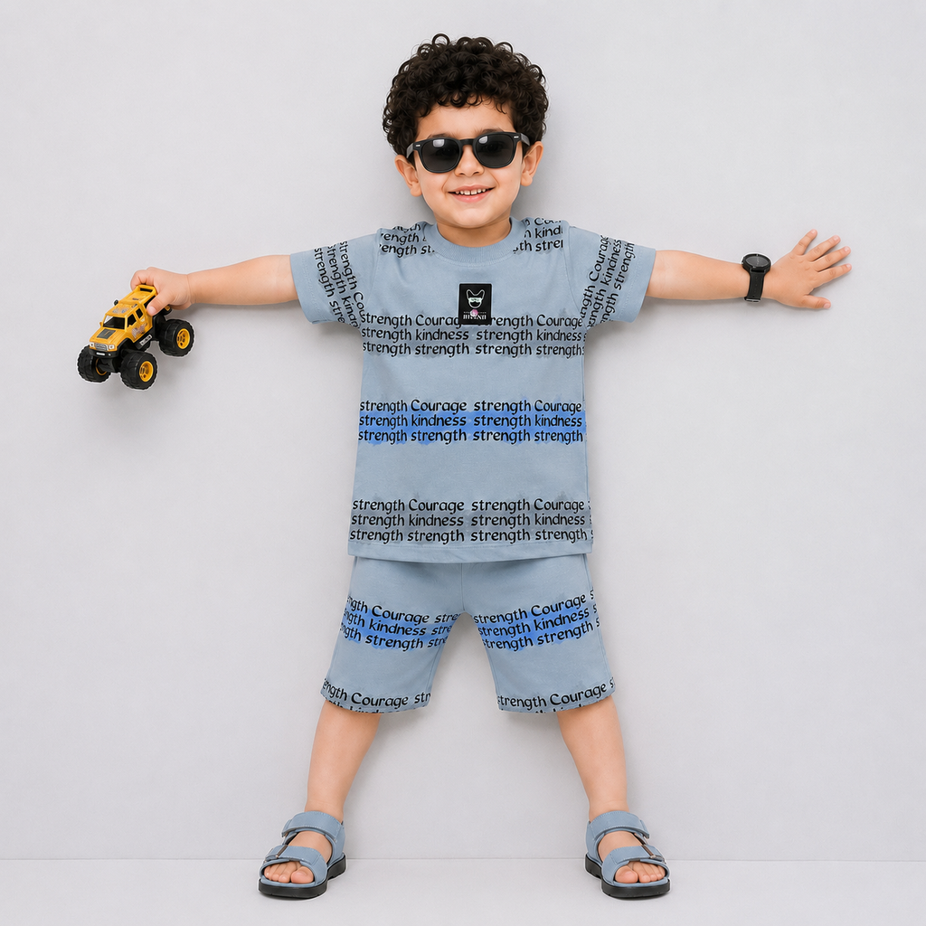 Boys Strength Print Jersey Short Suit – Gray | Lamtar Kids