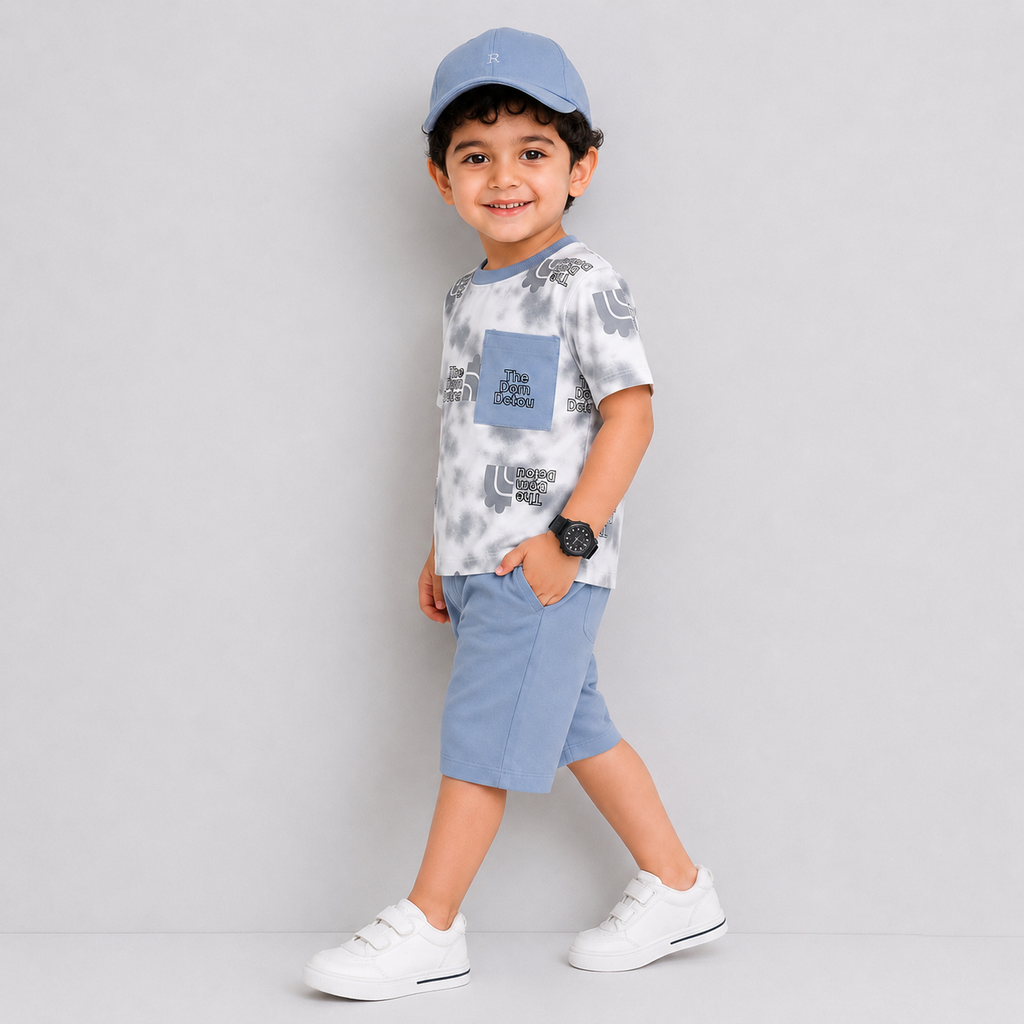 Boys Gray White Printed Short Suit – Kids Casual Wear | Lamtar Kids