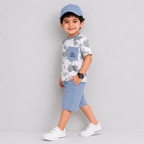 Boys Gray White Printed Short Suit – Kids Casual Wear | Lamtar Kids