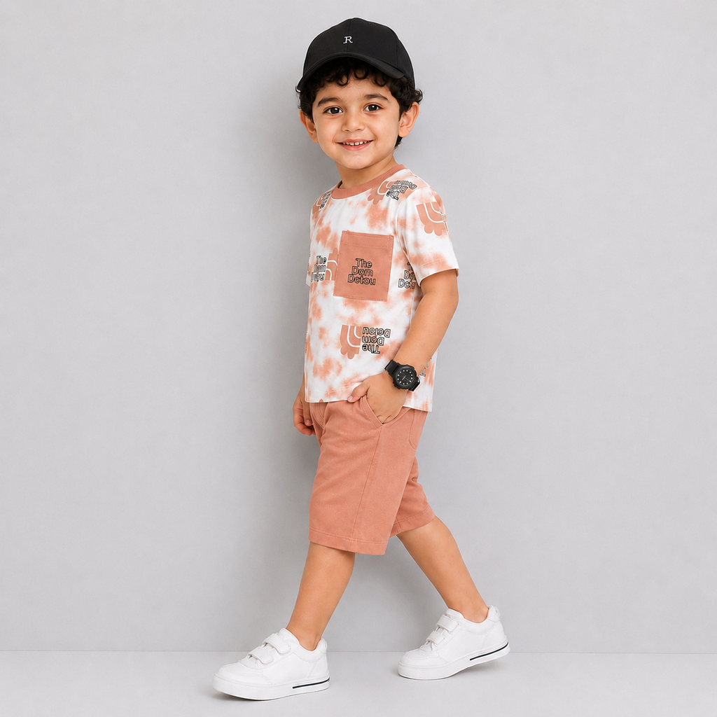 Boys Jersey Printed Short Suit – Peach White | Lamtar Kids