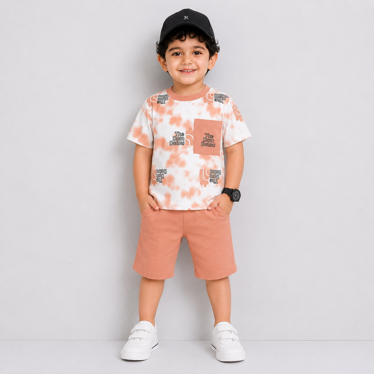 Boys Jersey Printed Short Suit – Peach White | Lamtar Kids
