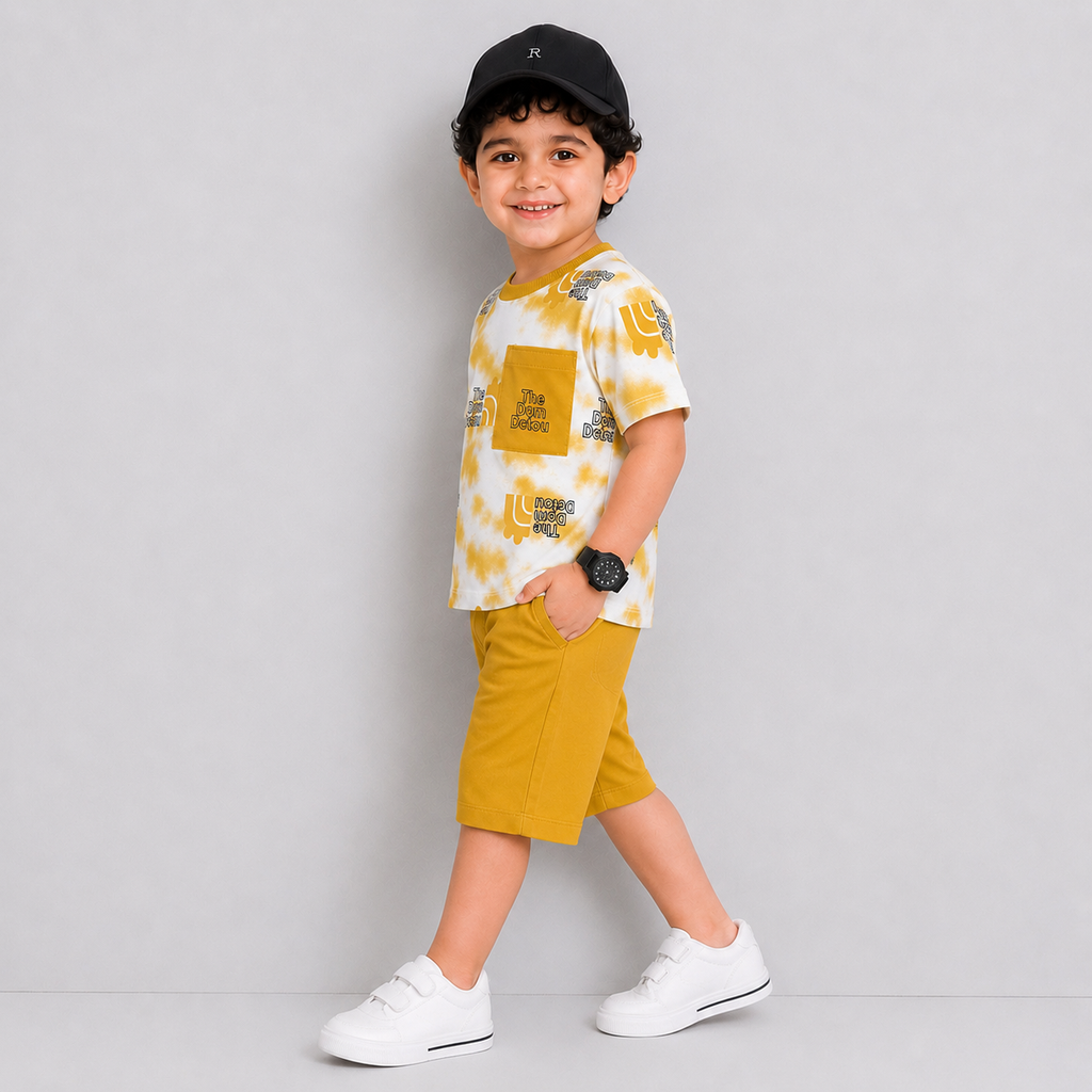 Boys Jersey Printed Short Suit – Mustard White | Lamtar Kids
