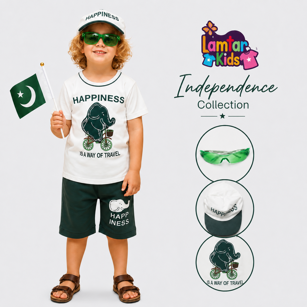 Boys Malai Jersey Independence Outfit – White Green Kids Summer Set | Lamtar Kids