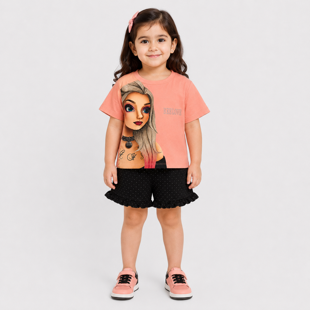 Girls Imported Jersey Graphic Short Suit – Peach Black | Lamtar Kids