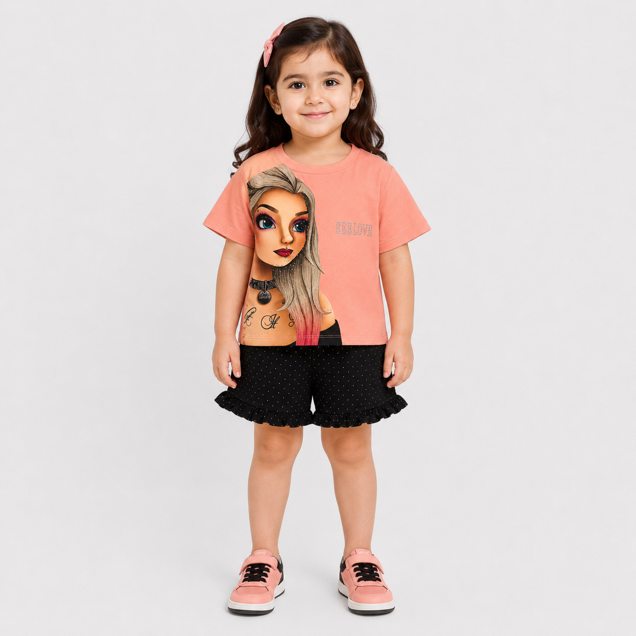 Girls Imported Jersey Graphic Short Suit – Peach Black | Lamtar Kids