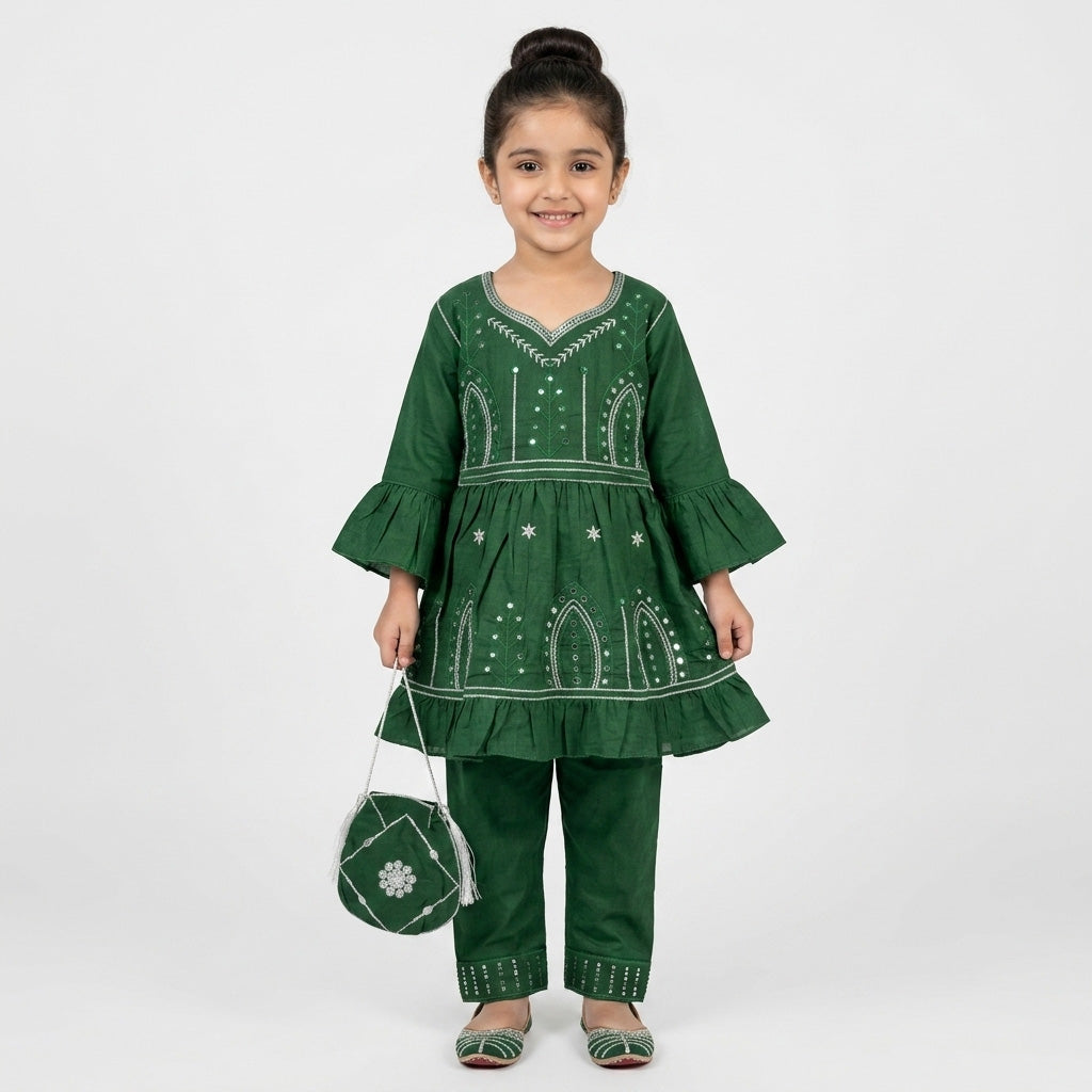 Girls All-Green Embroidered Azadi Suit with Matching Bag (4-7 Years)