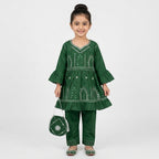 Girls All-Green Embroidered Azadi Suit with Matching Bag (4-7 Years)