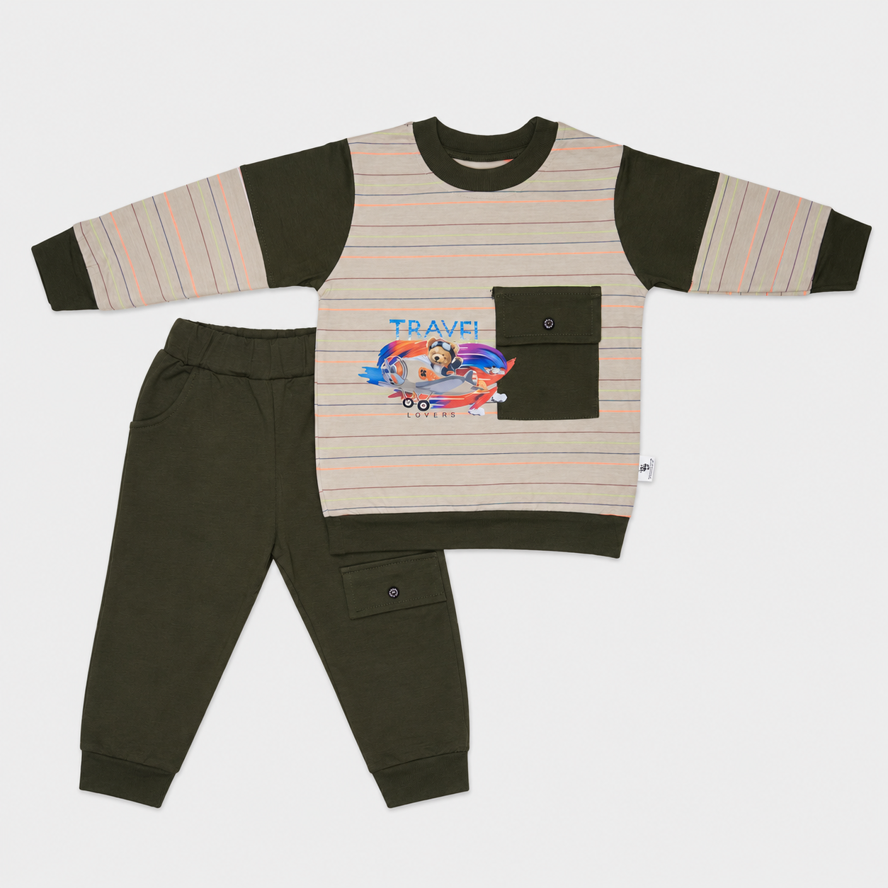 Baby Boys 2-Piece Tracksuit Set | Travel Printed Sweatshirt & Cargo Jogger Pants | 0–3 Years