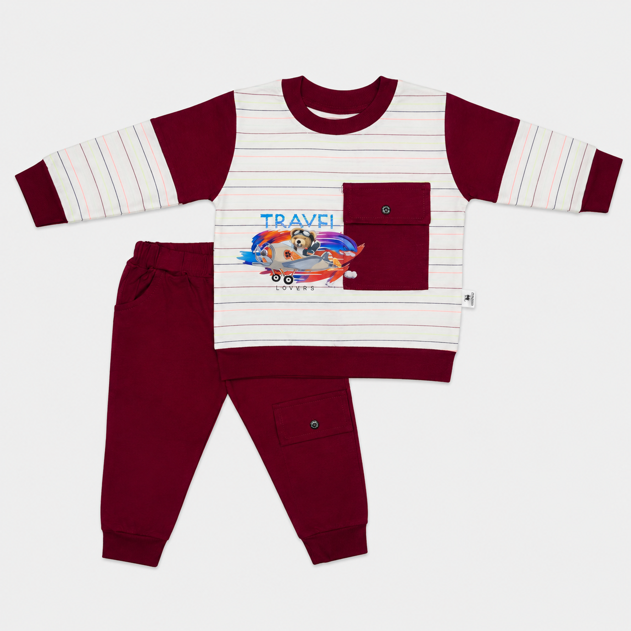 Baby Boys 2-Piece Tracksuit Set | Travel Printed Sweatshirt & Cargo Jogger Pants | 0–3 Years