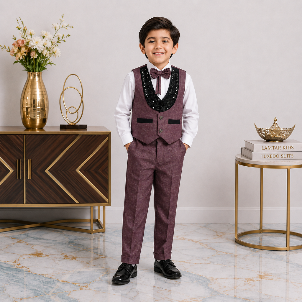 Boys 4-Piece Premium Waistcoat Suit for Kids | Shirt, Waistcoat, Pant & Bow Tie
