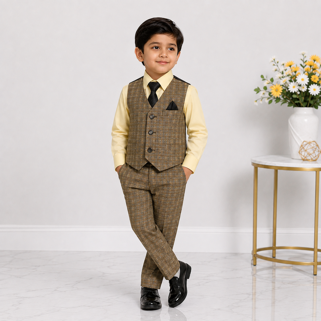 Boys Checkered 5-Piece Tuxedo Suit – Premium Formal Wear