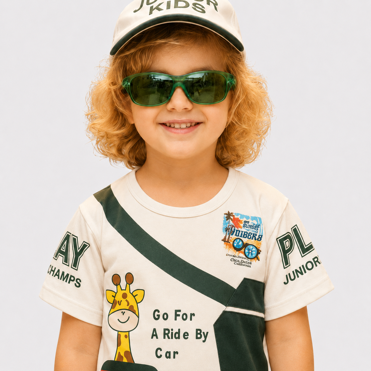 Boys Malai Jersey Independence Outfit – Giraffe Print White Green Summer Set | Lamtar Kids