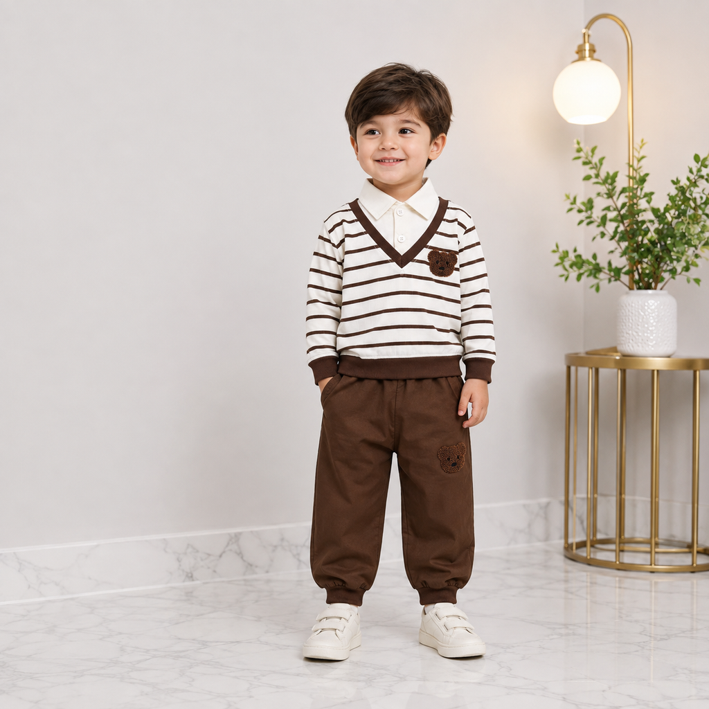 Boys Bear Embroidered 2 Piece Casual Set – Striped Collar Shirt & Jogger Trouser