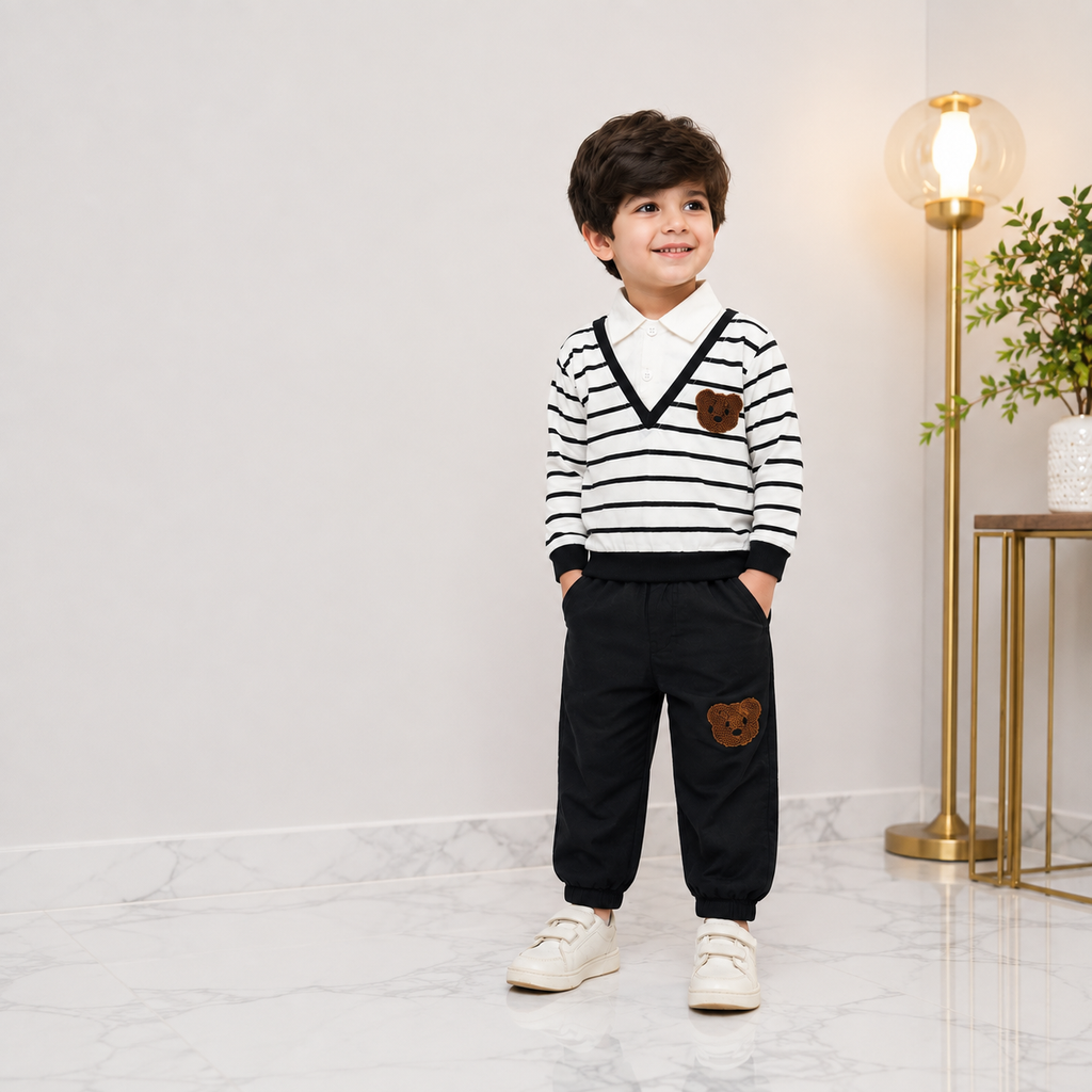 Boys Bear Embroidered 2 Piece Casual Set – Striped Collar Shirt & Jogger Trouser