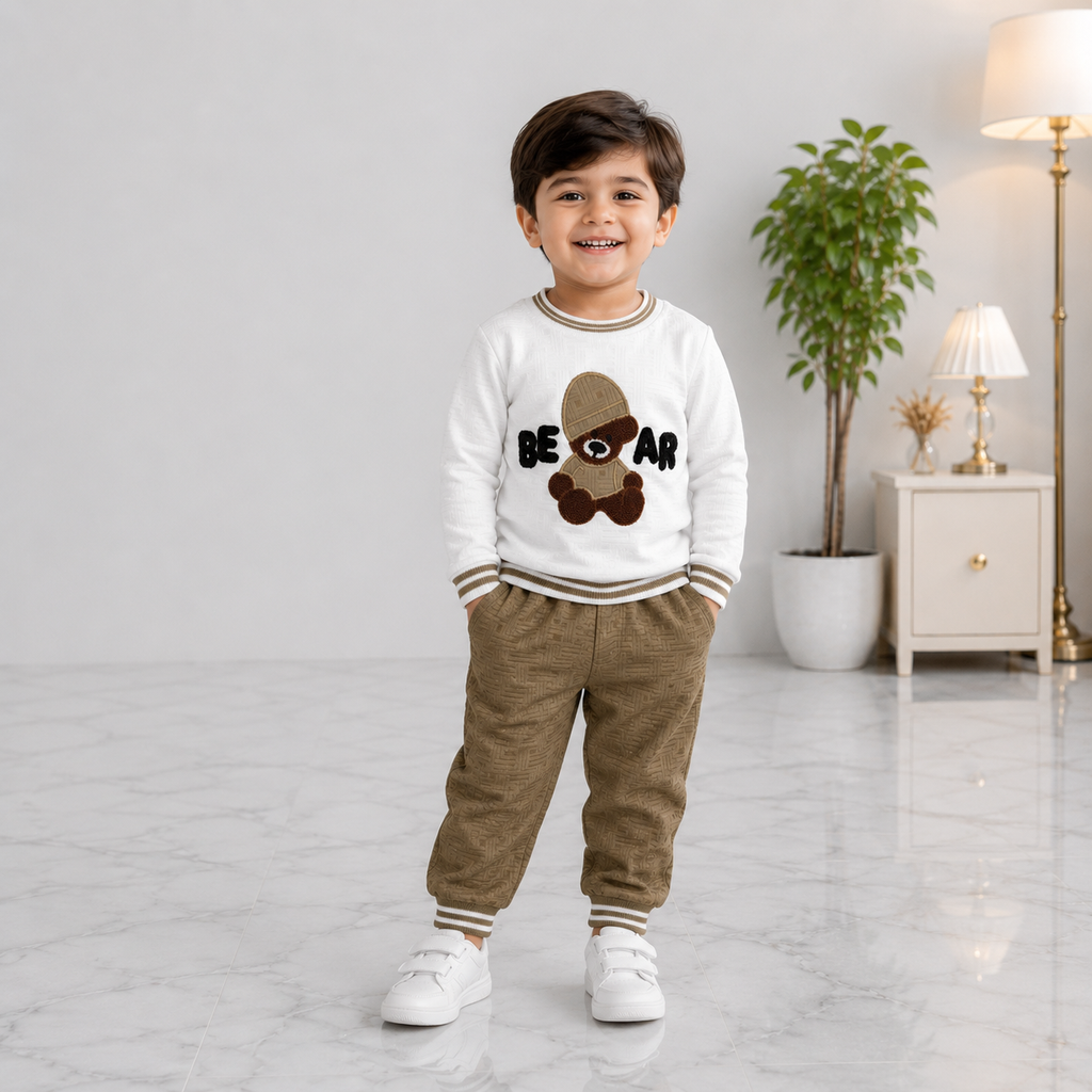Boys Pre-Winter 2 Piece Bear Printed Sweatshirt & Jogger Set – Textured Warm Outfit