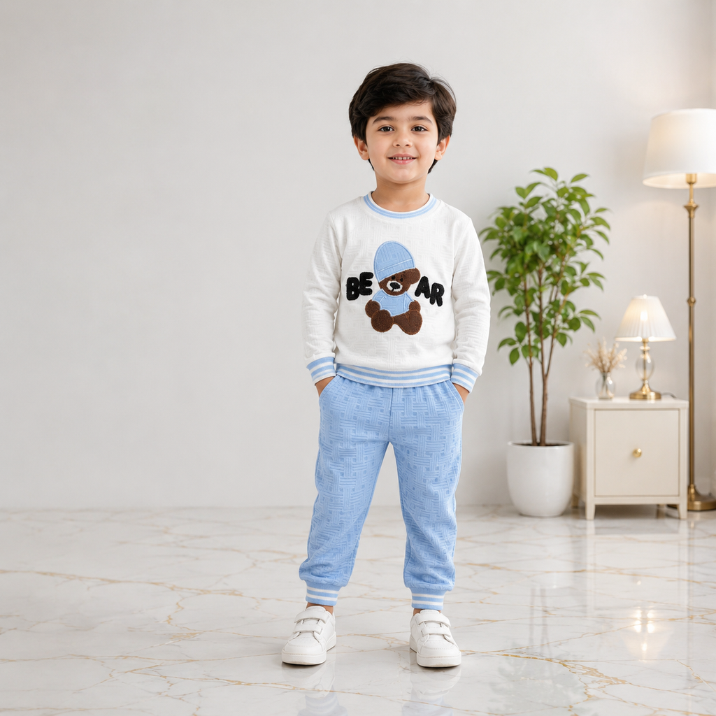 Boys Pre-Winter 2 Piece Bear Printed Sweatshirt & Jogger Set – Textured Warm Outfit