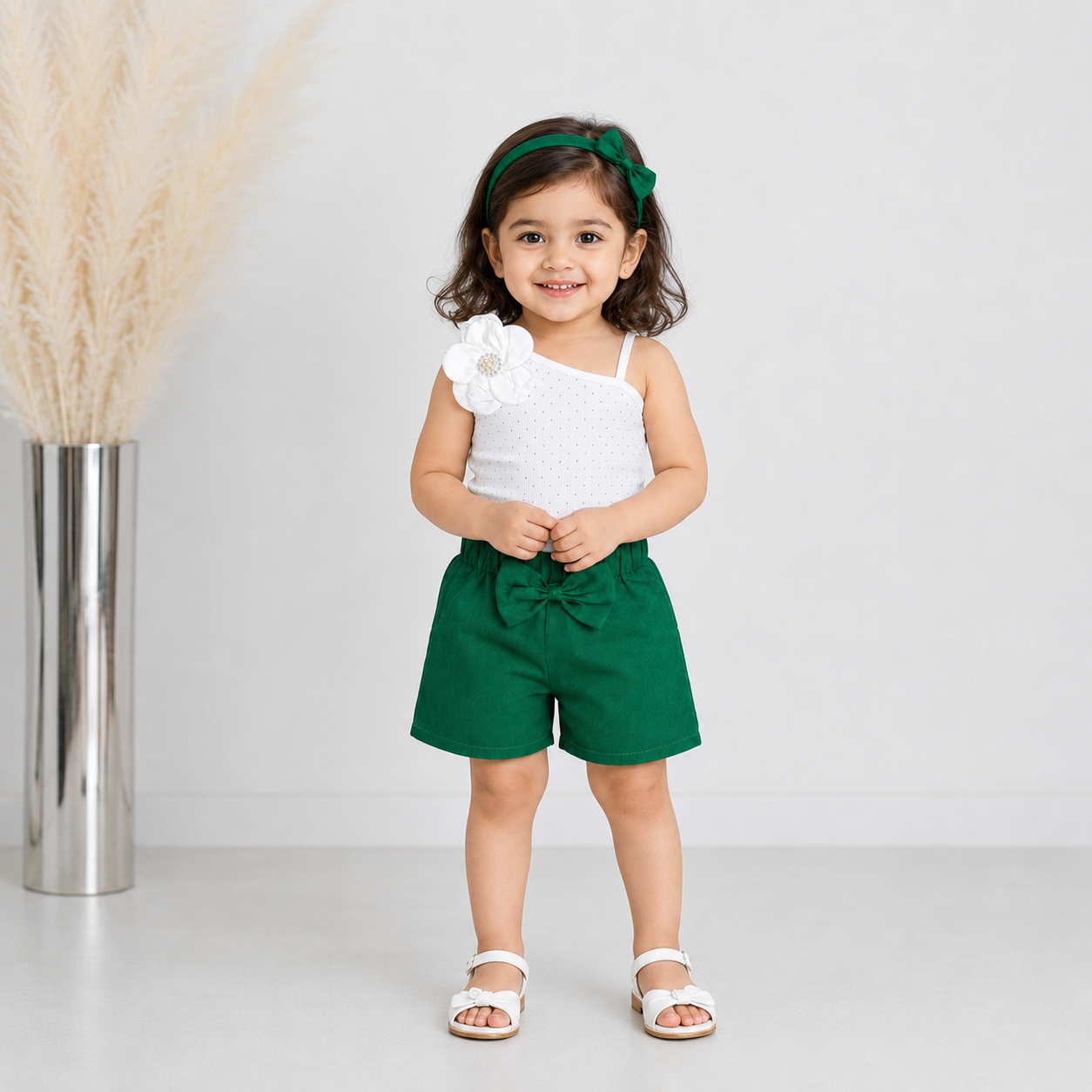 Baby Girl White One Shoulder Top with Green Cotton Shorts – Premium Jersey 2 Piece Summer Suit