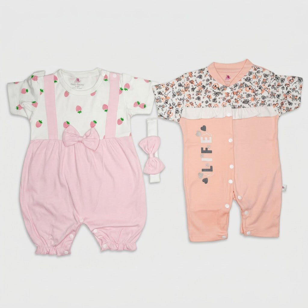 PACK OF 2 CUTE BABY GIRL FINE JERSEY ROMPERS WITH HEADBAND