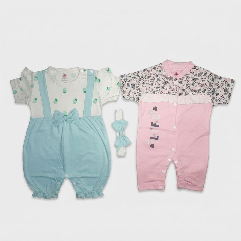 PACK OF 2 CUTE BABY GIRL FINE JERSEY ROMPERS WITH HEADBAND