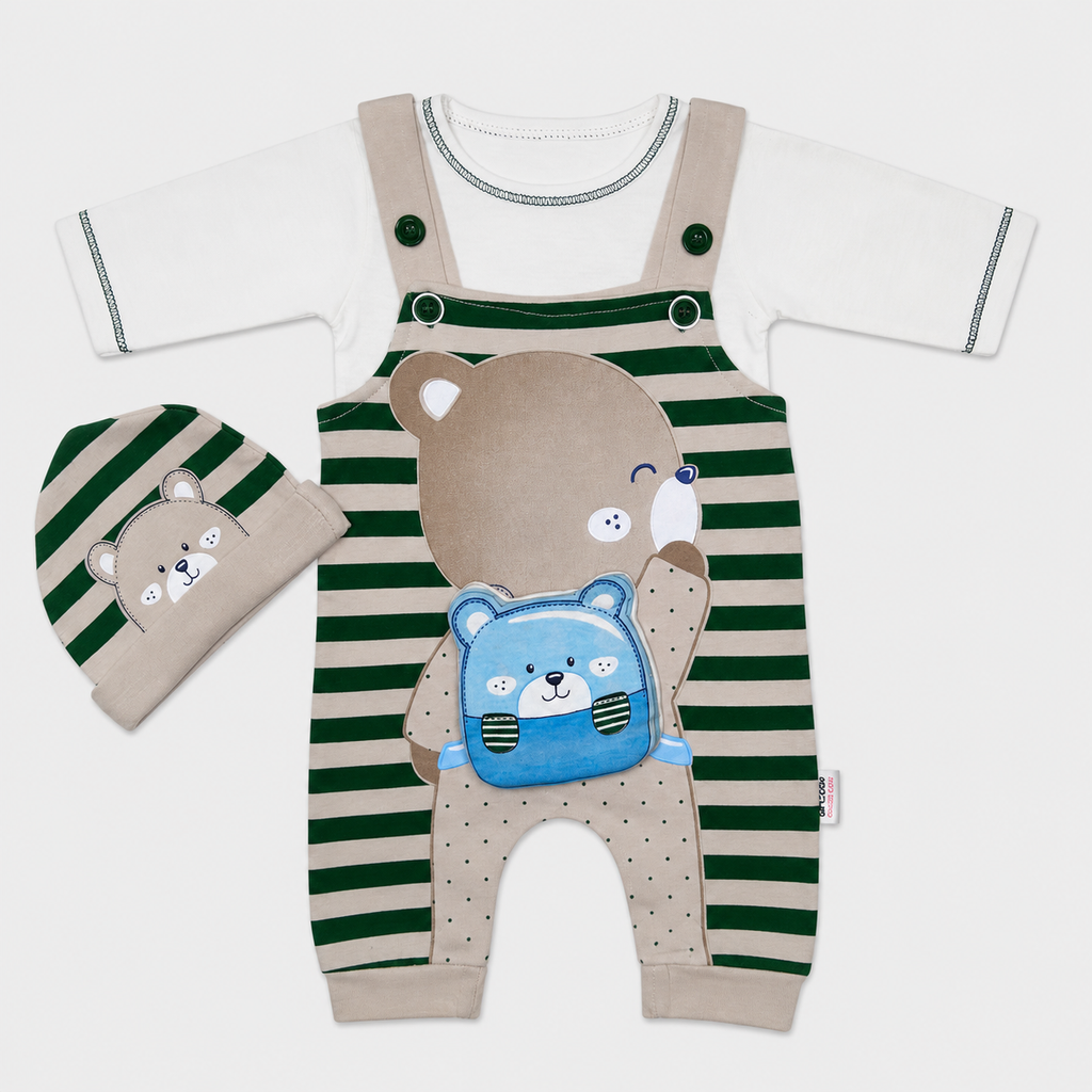 Baby Boys 3-Piece Romper Set | Bear Print Romper with Cap & Inner Shirt