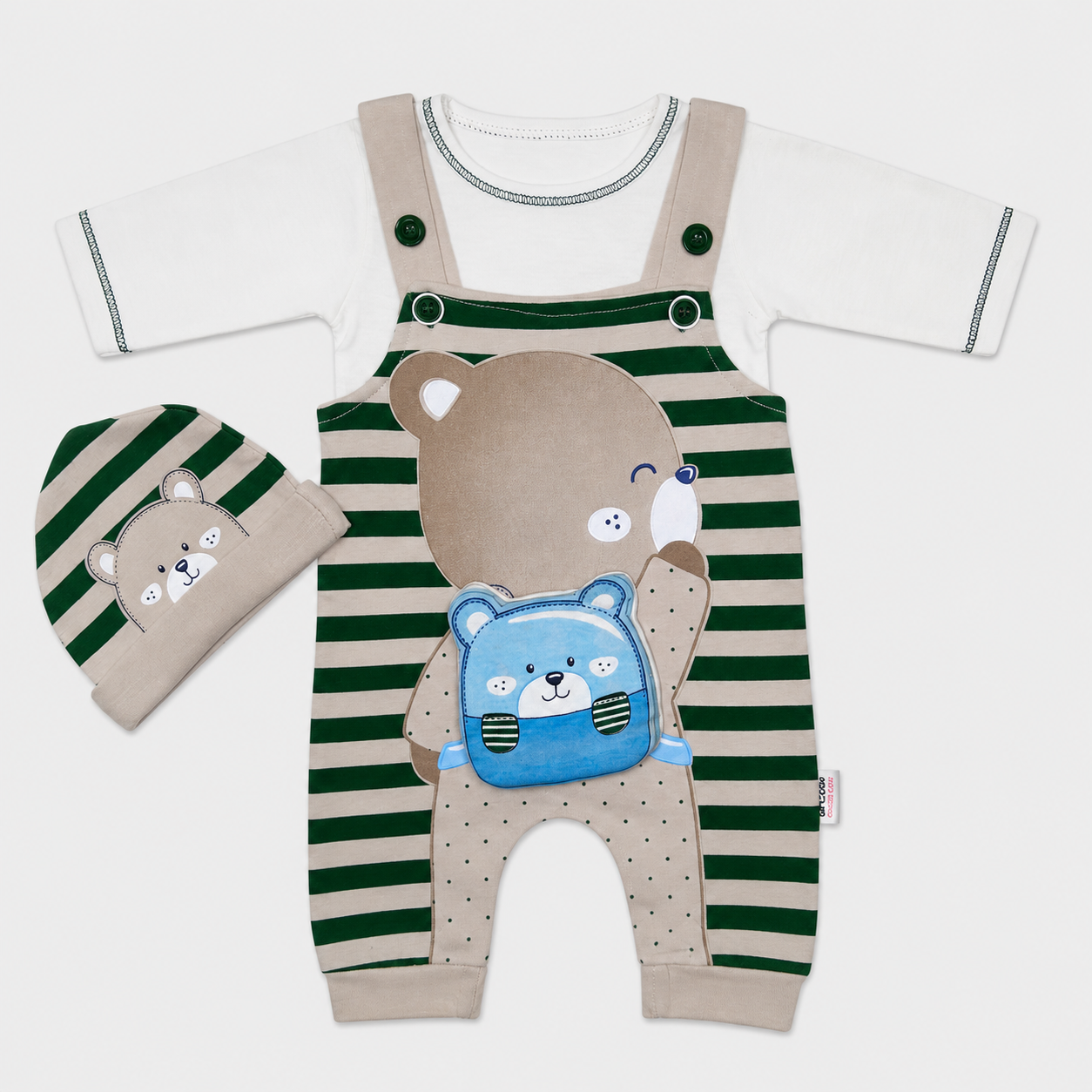 Baby Boys 3-Piece Romper Set | Bear Print Romper with Cap & Inner Shirt
