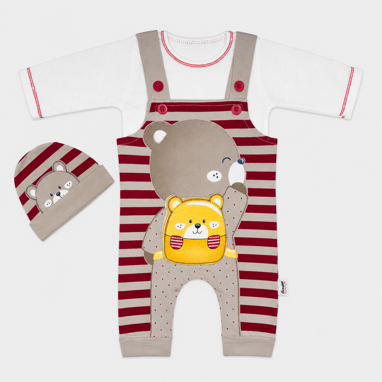 Baby Boys 3-Piece Romper Set | Bear Print Romper with Cap & Inner Shirt