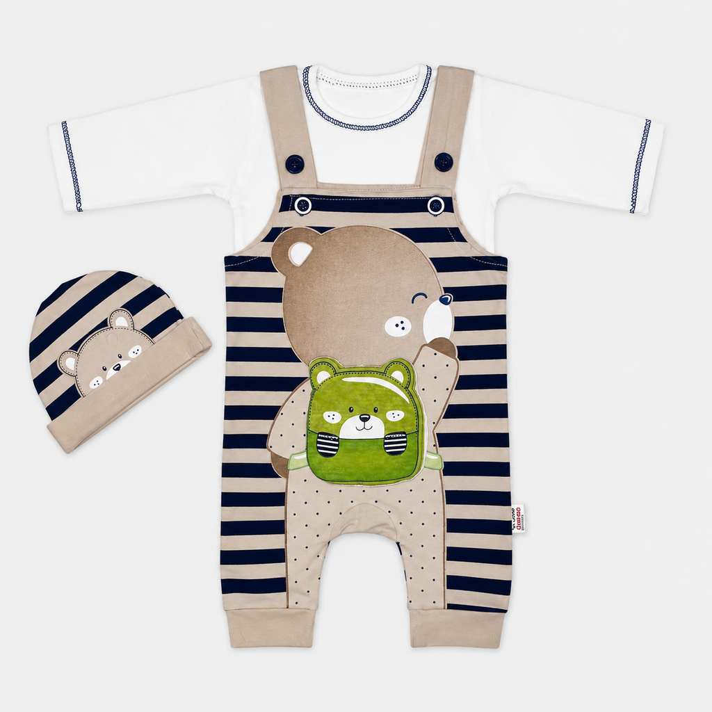 Baby Boys 3-Piece Romper Set | Bear Print Romper with Cap & Inner Shirt