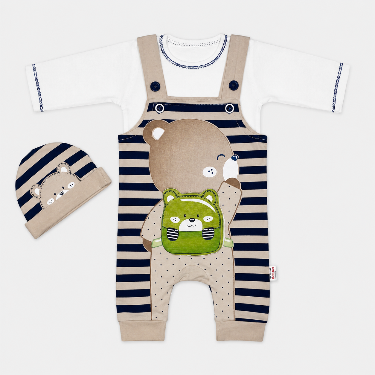 Baby Boys 3-Piece Romper Set | Bear Print Romper with Cap & Inner Shirt