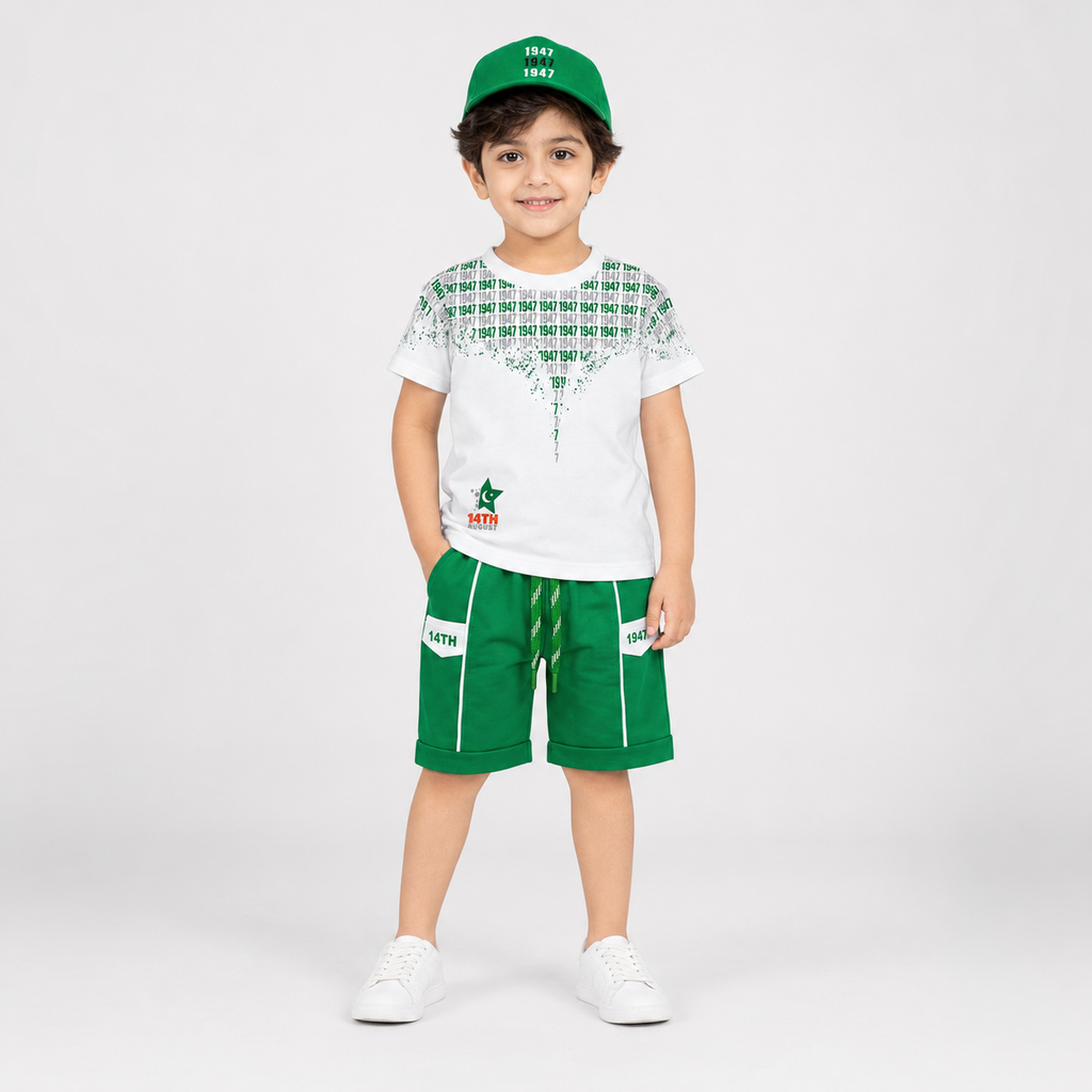 Boys 14 August Jersey Suit with Cap – Green & White Independence Dress