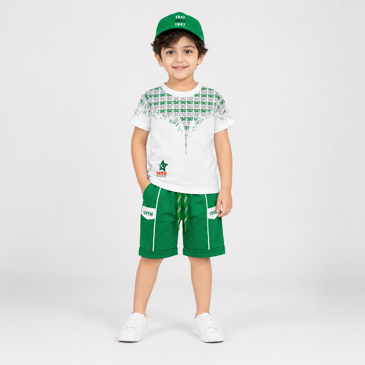 Boys 14 August Jersey Suit with Cap – Green & White Independence Dress